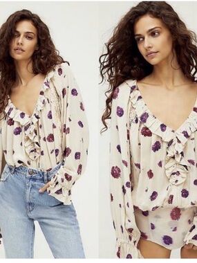 Free People Cream Ruffled V-Neck Bodysuit with Purple Floral Print
